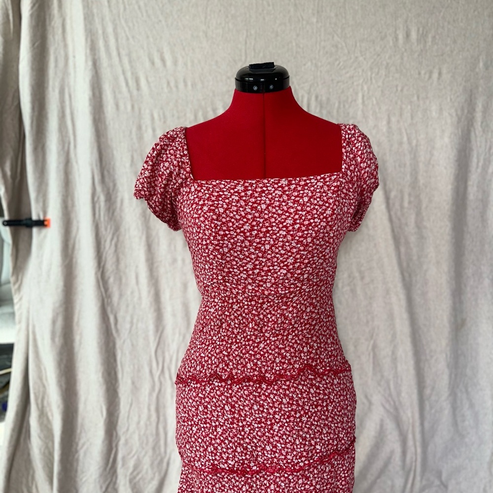 Red Floral Square Neck Dress